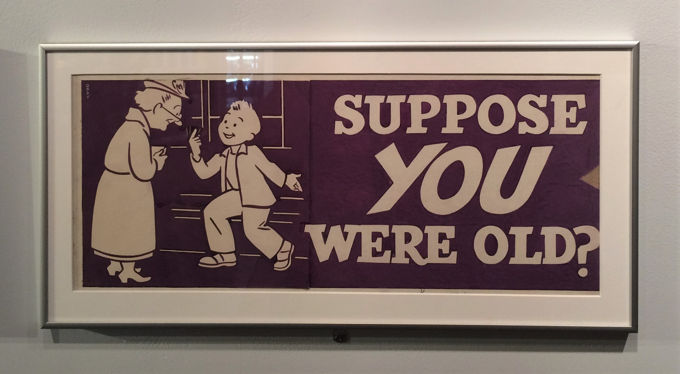 Old New York City subway poster encouraging people to offer seats to seniors. The poster reads "Suppose you were old?"