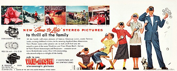 Vintage ad showing whole family enjoying View-Master stereo pictures