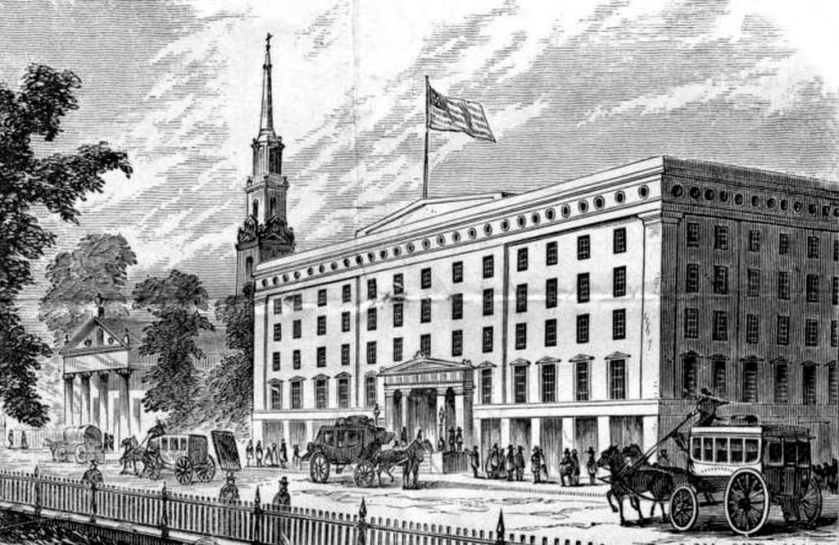 Drawing of the Astor House in 19th century New York City.