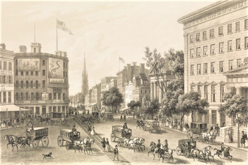 Drawing of 19th century Broadway showing Barnum's Museum, Brady's Studio, St. Paul's Chapel, and the Astor House