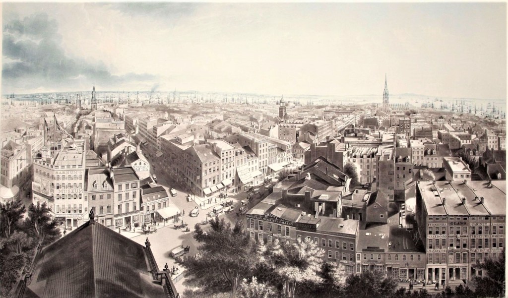 Vintage drawing showing 19th century view of Barnum's Museum and Mathew Brady's photography studio