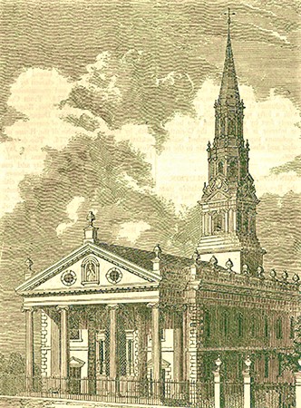 Vintage drawing of St. Paul's Chapel in Manhattan